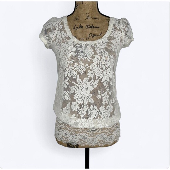 Studio Y Mesh Floral Sheer Top Sz S Keyhole Back Puff Sleeve Feminine Coquette - Picture 1 of 13